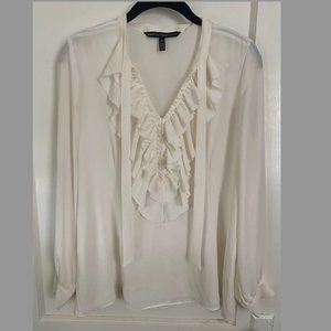 White House Black Market Long Sleeve White Ruffle Front Blouse size small